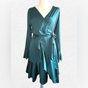 SHEIN Split Back Tiered Ruffle Surplice Belted Dress Size Small Teal